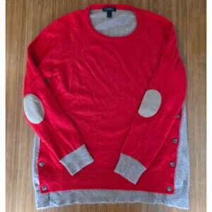 J.Crew Wool Blend Sweater Tan Red Colorblock, Elbow Patch Pullover Women's L